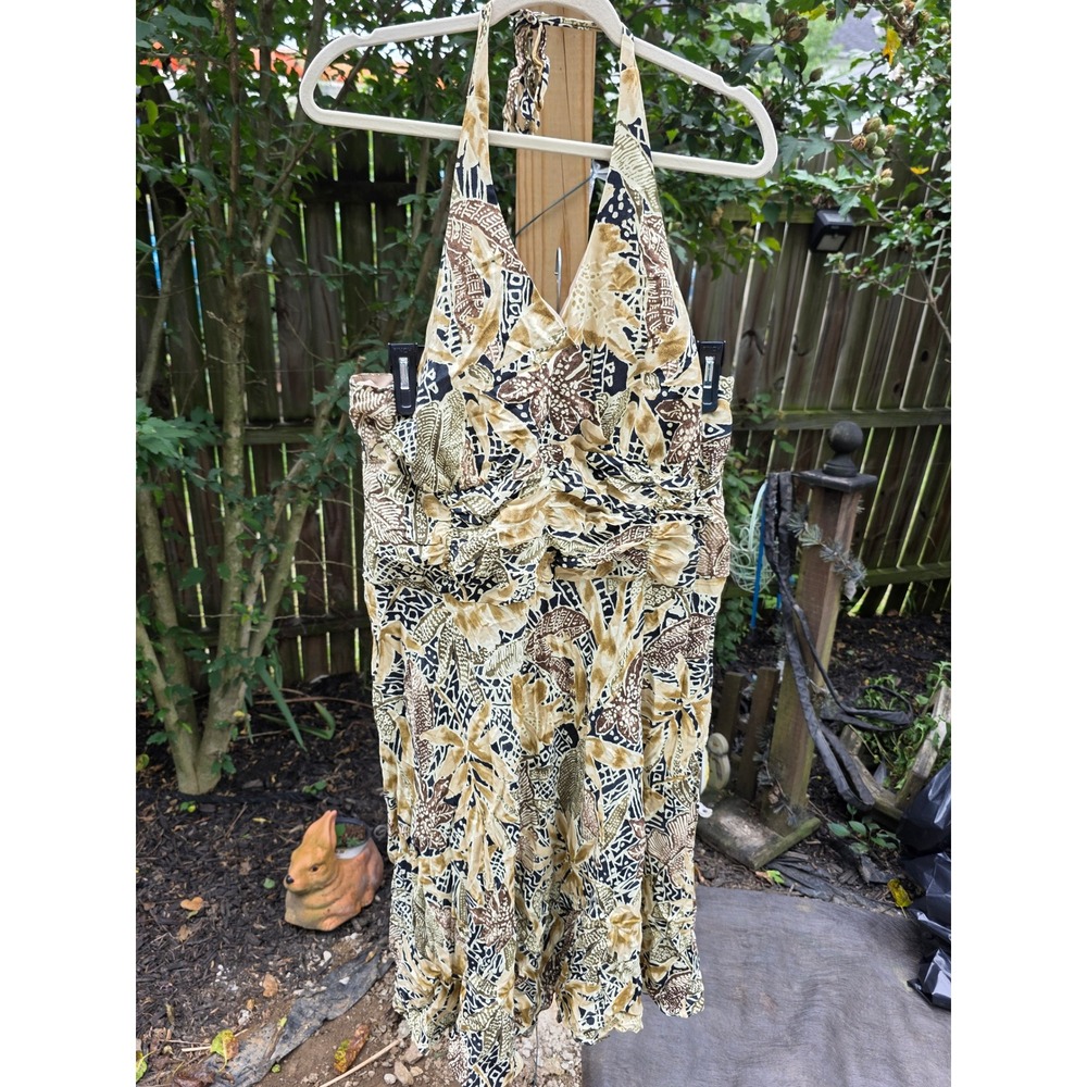 Studio 1940 Halter Dress Brown Tan Tropical Floral Batik Print Large